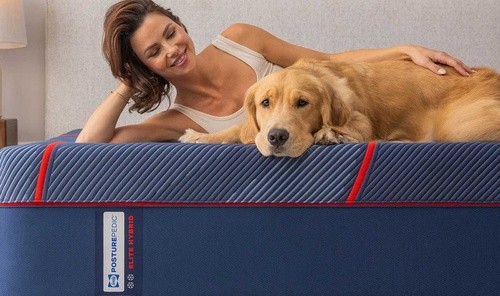 Woman smiling with golden retriever laying on a posture pedic elite hyrbid mattress