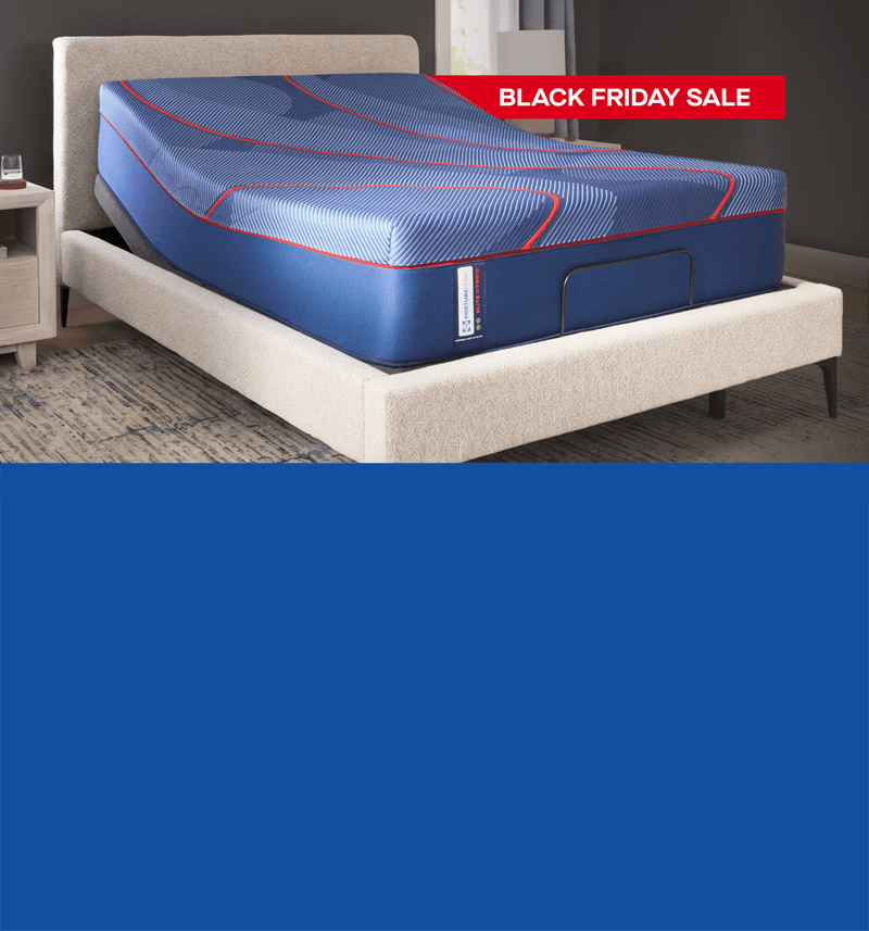 Posturepedic Elite Hybrid in bed frame and adjustable base with a red callout and white text saying, Black Friday Sale