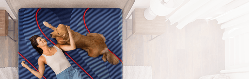 A woman and dog lying on a mattress