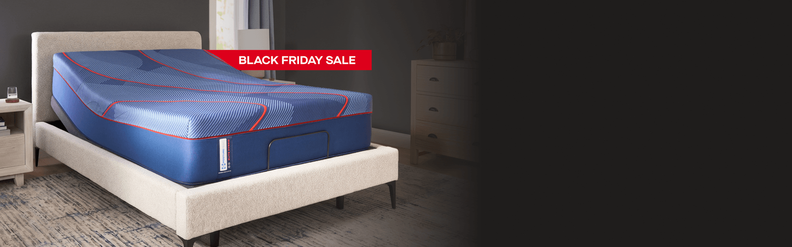 Posturepedic Elite Hybrid mattress in a styled room with black friday sale callout and dark gradient